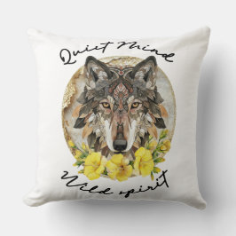 Ornate Boho Wolf with Yellow Flowers Kudde