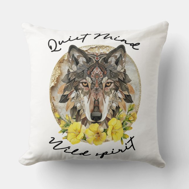 Ornate Boho Wolf with Yellow Flowers Kudde (Framsida)
