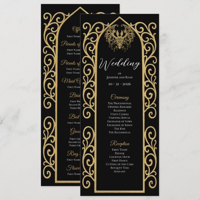 Ornate Border black and gol Gothic Wedding Program (Fram/baksida)