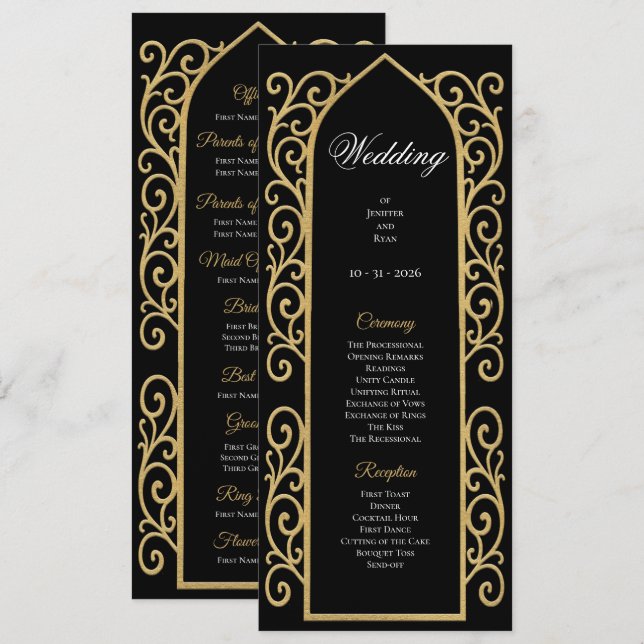 Ornate Border black and gol Gothic Wedding Program (Fram/baksida)
