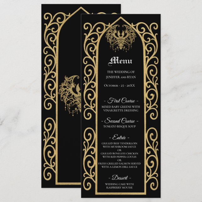 Ornate border black and gold Gothic Wedding Menu Meny (Fram/baksida)