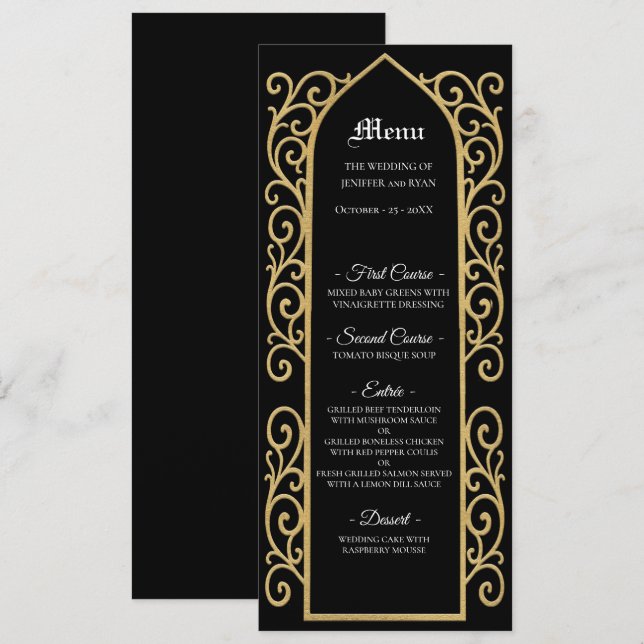 Ornate border black and gold Gothic Wedding Menu Meny (Fram/baksida)