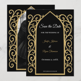 Ornate border black and gold wedding save the date meddelande