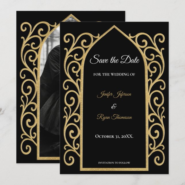 Ornate border black and gold wedding save the date meddelande (Fram/baksida)