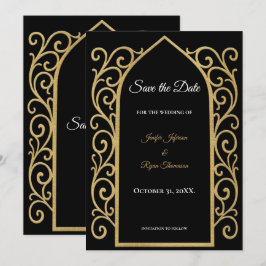 Ornate border black and gold wedding save the date meddelande
