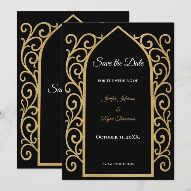 Ornate border black and gold wedding save the date meddelande (Fram/baksida)