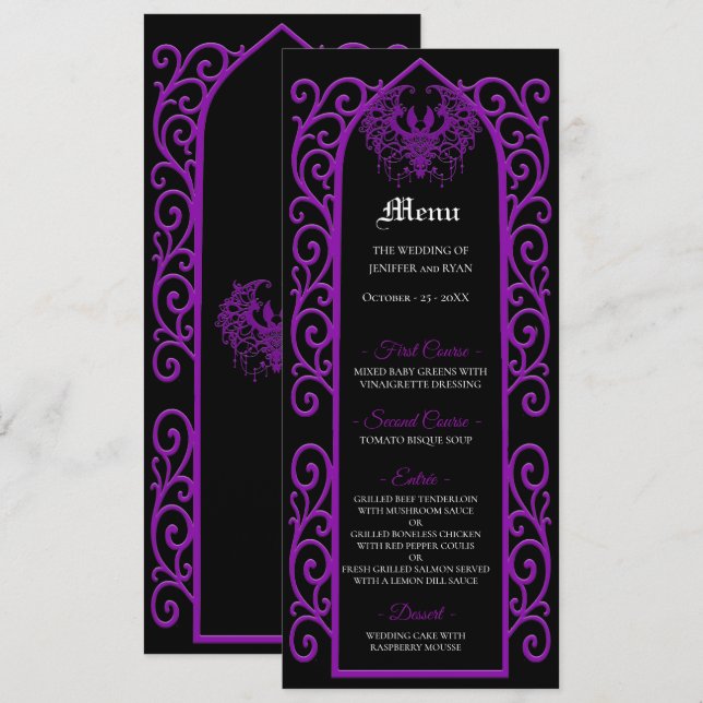 Ornate border black and purple Gothic Wedding Menu Meny (Fram/baksida)