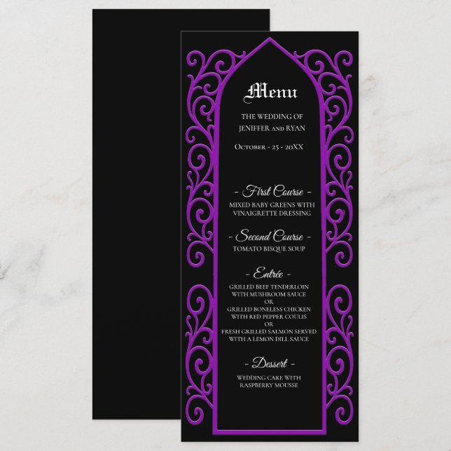 Ornate border black and purple Gothic Wedding Menu Meny (Fram/baksida)