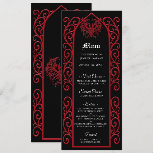 Ornate border black and red Gothic Wedding Menu Meny (Fram/baksida)