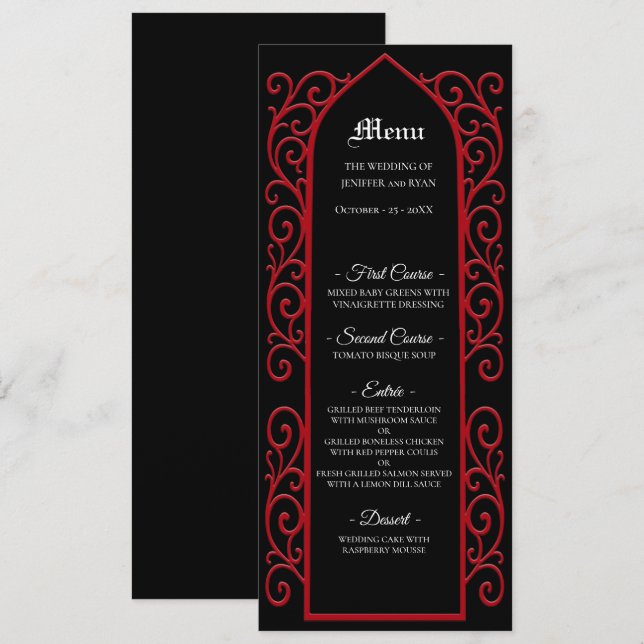 Ornate border black and red Gothic Wedding Menu Meny (Fram/baksida)