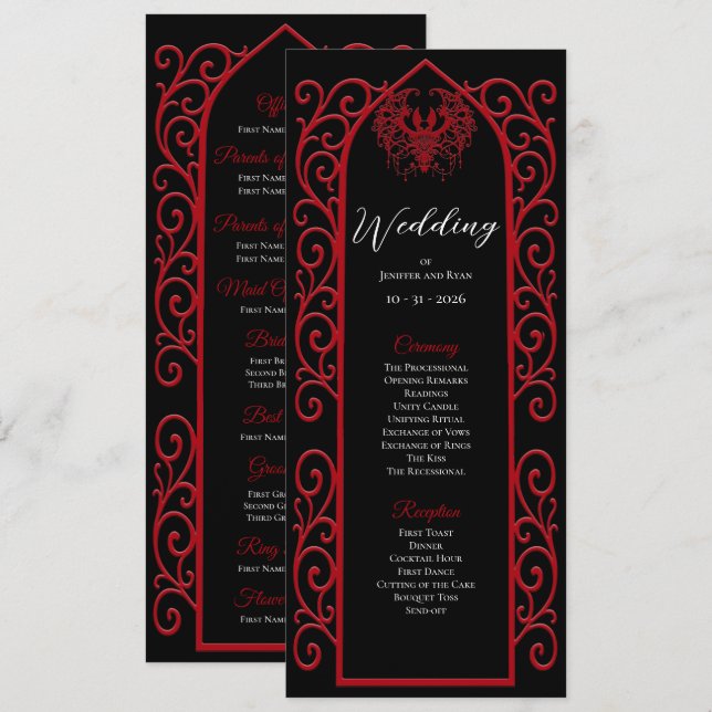 Ornate Border black and red Gothic Wedding Program (Fram/baksida)