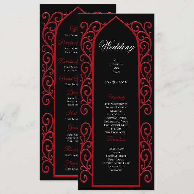 Ornate Border black and red Gothic Wedding Program (Fram/baksida)