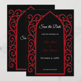 Ornate border black and red wedding save the date meddelande