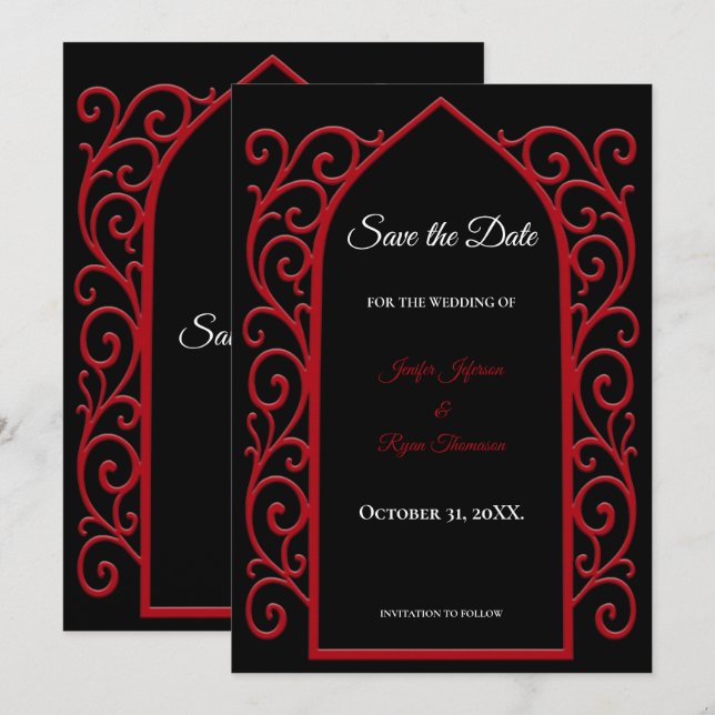 Ornate border black and red wedding save the date meddelande (Fram/baksida)