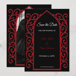 Ornate border black and red wedding save the date meddelande