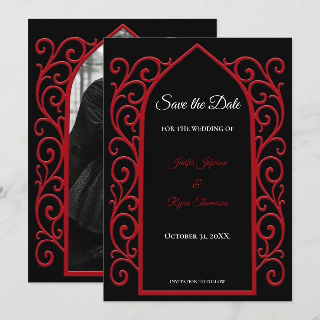 Ornate border black and red wedding save the date meddelande (Fram/baksida)