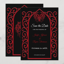 Ornate border black and red wedding save the date meddelande