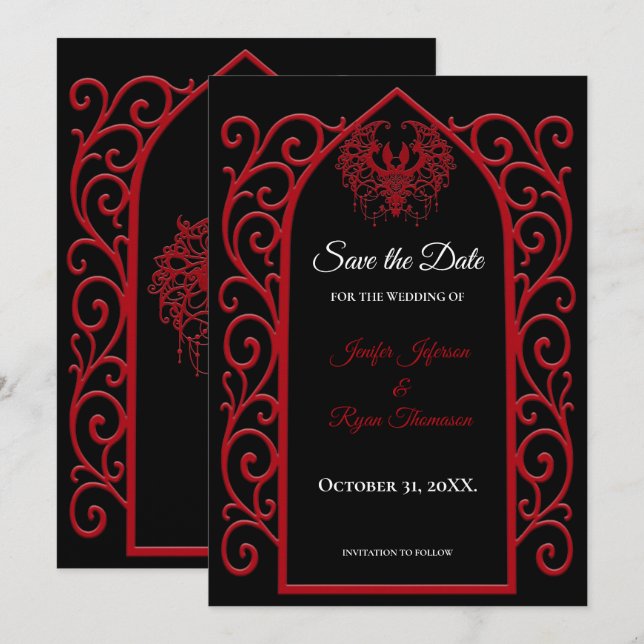 Ornate border black and red wedding save the date meddelande (Fram/baksida)