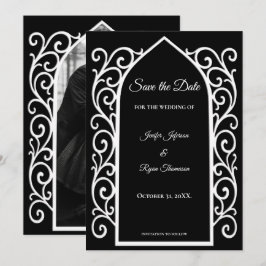 Ornate border black and whit wedding save the date meddelande
