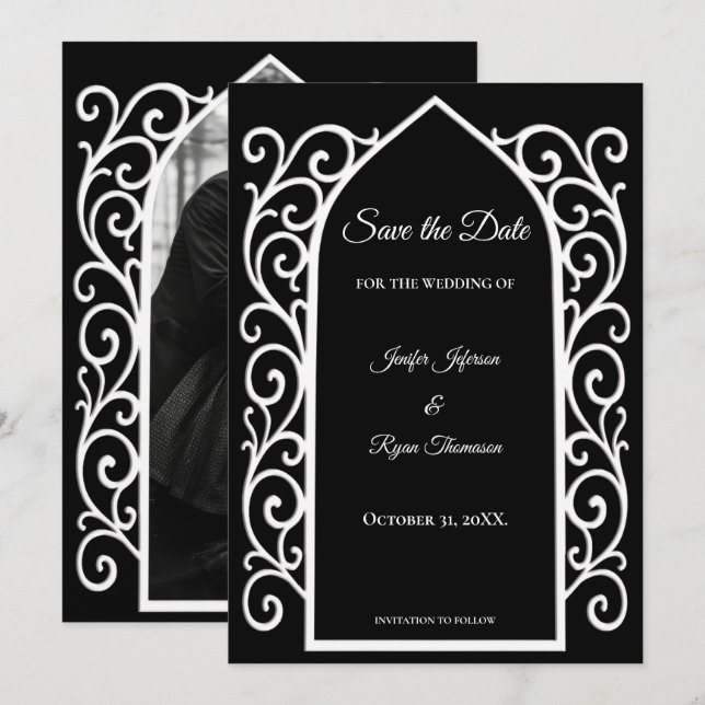 Ornate border black and whit wedding save the date meddelande (Fram/baksida)