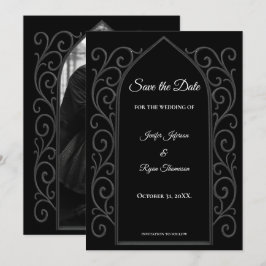 Ornate border black and whit wedding save the date meddelande