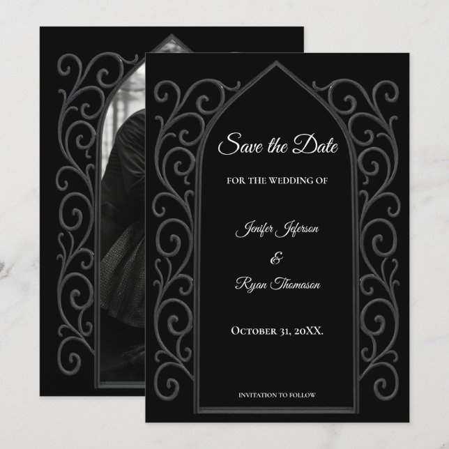 Ornate border black and whit wedding save the date meddelande (Fram/baksida)