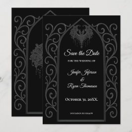 Ornate border black and whit wedding save the date meddelande