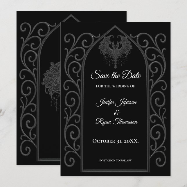 Ornate border black and whit wedding save the date meddelande (Fram/baksida)