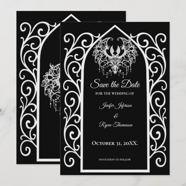 Ornate border black and whit wedding save the date meddelande (Fram/baksida)
