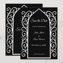 Ornate border black and whit wedding save the date meddelande
