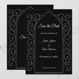 Ornate border black and whit wedding save the date meddelande