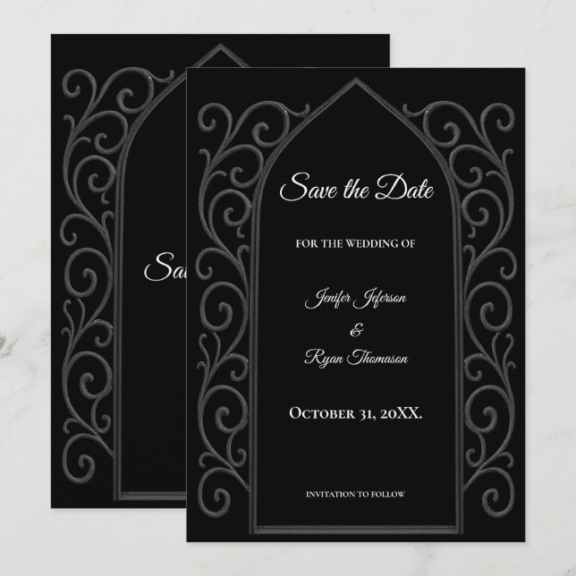 Ornate border black and whit wedding save the date meddelande (Fram/baksida)