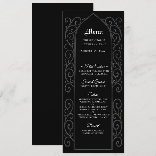 Ornate border black and white Gothic Wedding Menu Meny (Fram/baksida)