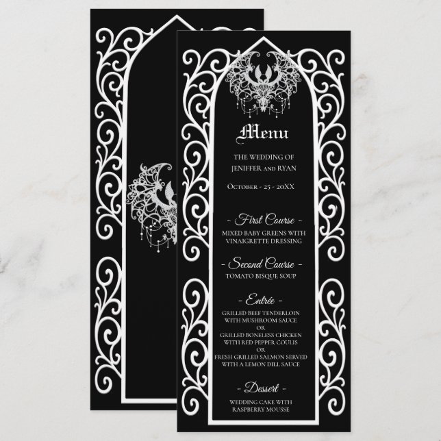 Ornate border black and white Gothic Wedding Menu Meny (Fram/baksida)