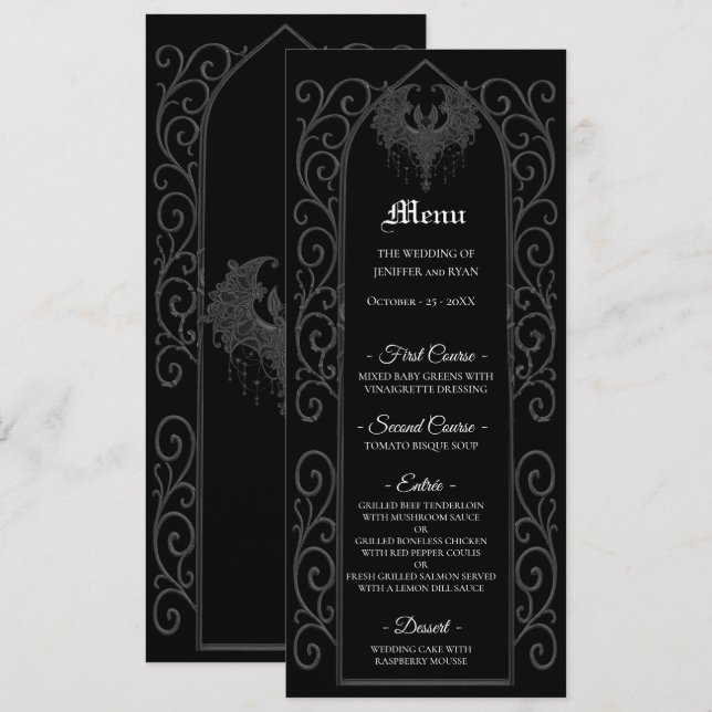 Ornate border black and white Gothic Wedding Menu Meny (Fram/baksida)
