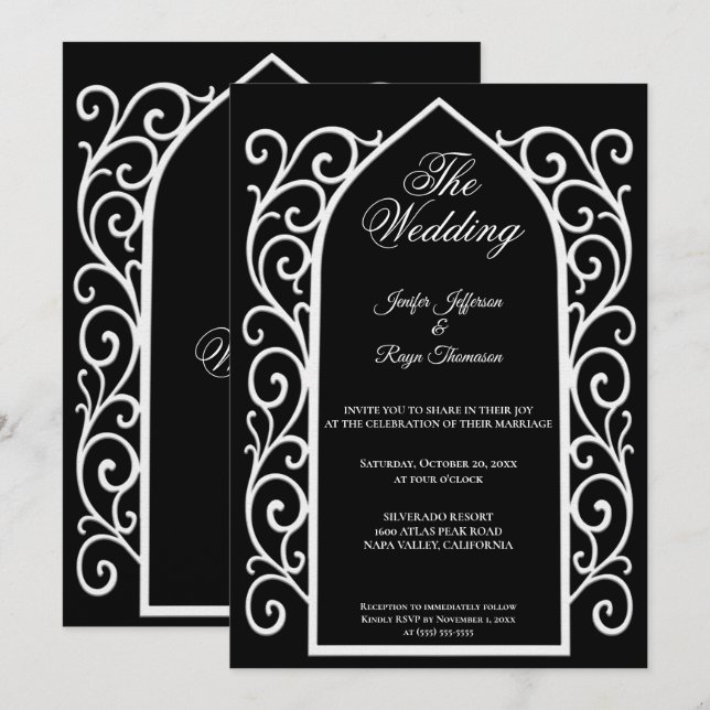 Ornate border black Gothic wedding Invitation Inbjudningar (Fram/baksida)