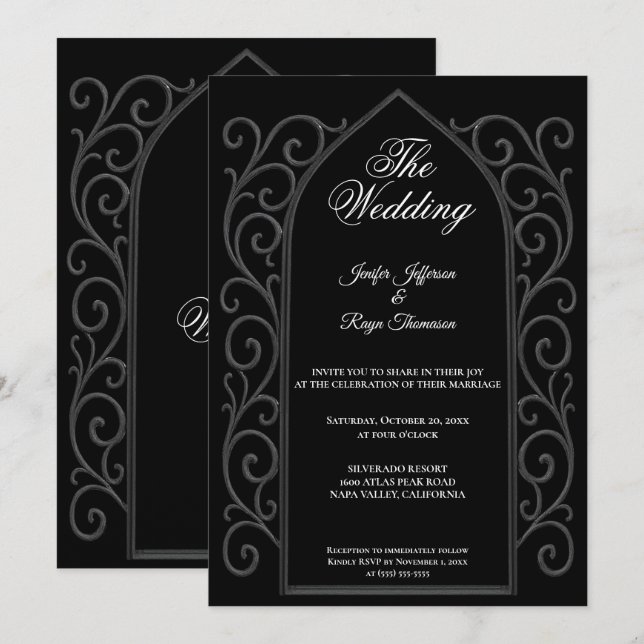 Ornate border black Gothic wedding Invitation Inbjudningar (Fram/baksida)