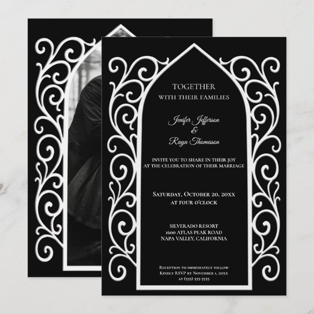 Ornate border Photo Gothic wedding Invitation Inbjudningar (Fram/baksida)