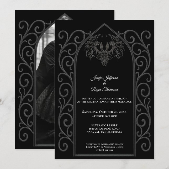 Ornate border Photo Gothic wedding Invitation Inbjudningar (Fram/baksida)
