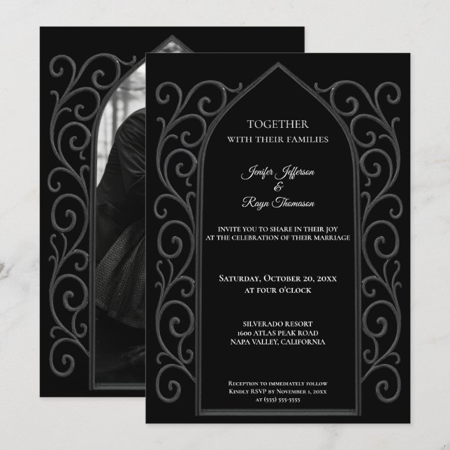 Ornate border Photo Gothic wedding Invitation Inbjudningar (Fram/baksida)