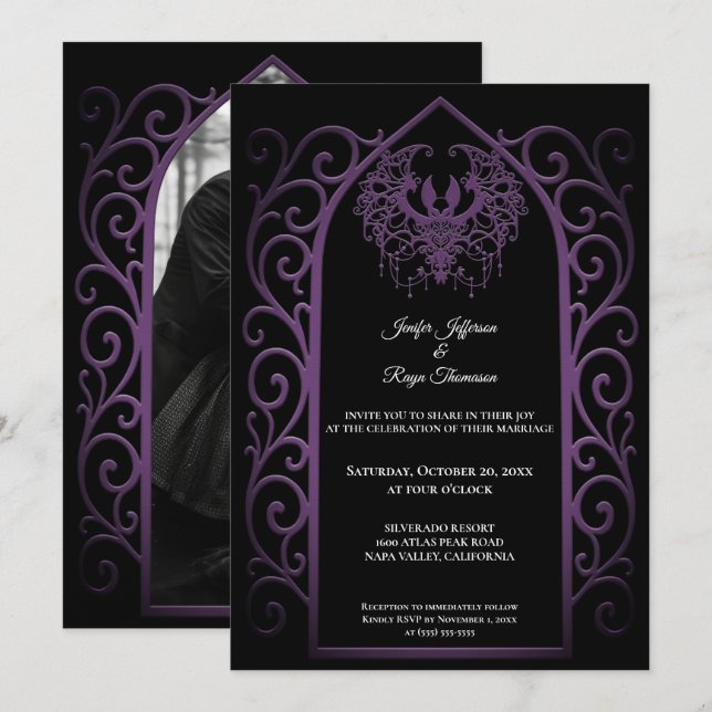Ornate border Photo Gothic wedding Invitation Inbjudningar (Fram/baksida)