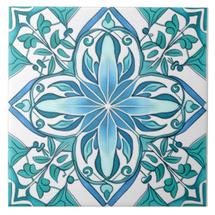 Ornate Botanical Blue Grönt Mediterranean Azulejo Kakelplatta