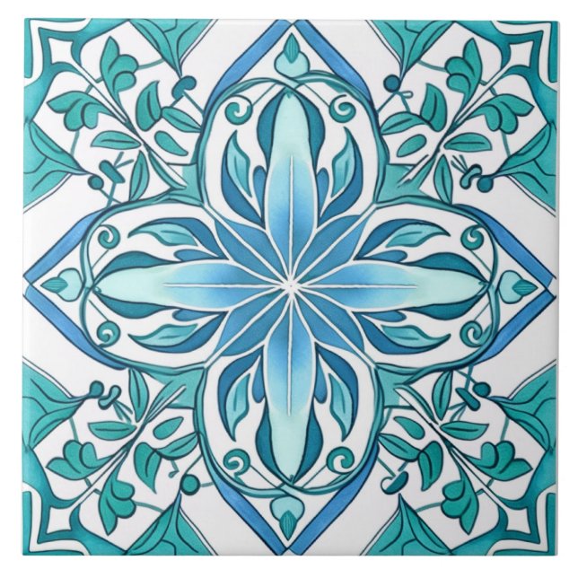 Ornate Botanical Blue Grönt Mediterranean Azulejo Kakelplatta (Framsidan)