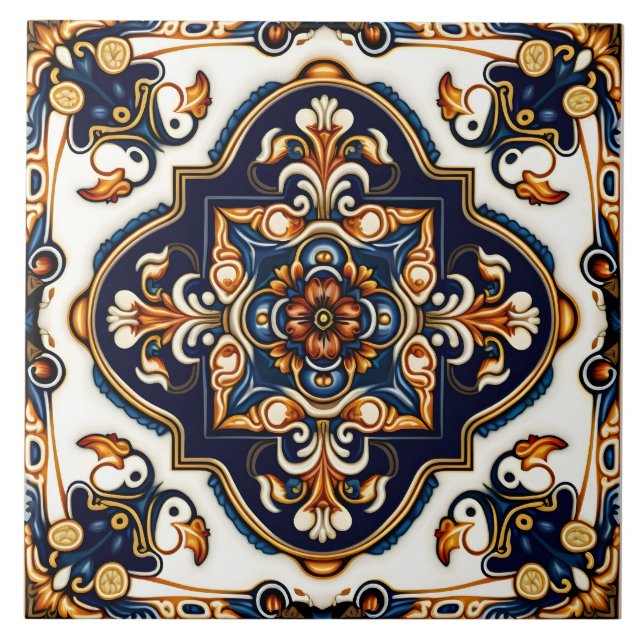 Ornate Botanical Spain Mediterranean Mönster Kakelplatta (Framsidan)