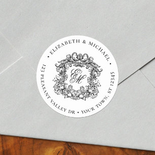 Ornate Bröllop Vapensköld Monogram Return-adresset Runt Klistermärke