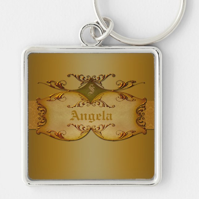 Ornate Brown Scrollss Monogrammed Keychain Fyrkantig Silverfärgad Nyckelring (Framsidan)