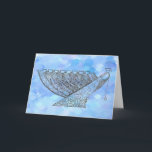 Ornate Chanukah Menorah Anpassade Greeting Card Kort<br><div class="desc">Jag ritade en mycket dekorerad Chanukah-menorah med penna och bläck och satte den sedan mot en digitalt förbättrad vattenfärgsblå bakgrund. Den här menorah har en elegant av en kvinnas stam - kanske en representation av Shekhina.</div>