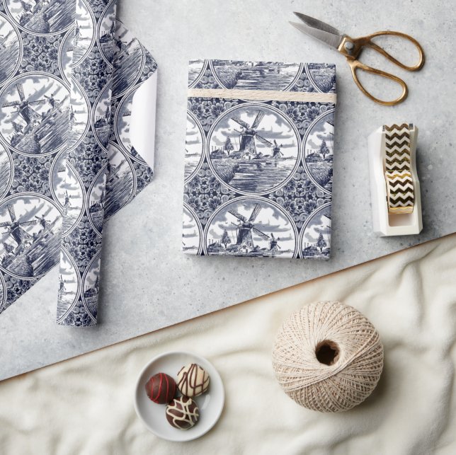 Ornate Chic Antique Dutch Delft Blue Art Kvarn Presentpapper (Hantverk)