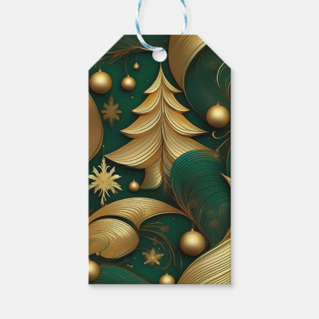 ORNATE CHRISTMAS GREEN AND GOLD TREE PRESENTETIKETT (Framsidan)