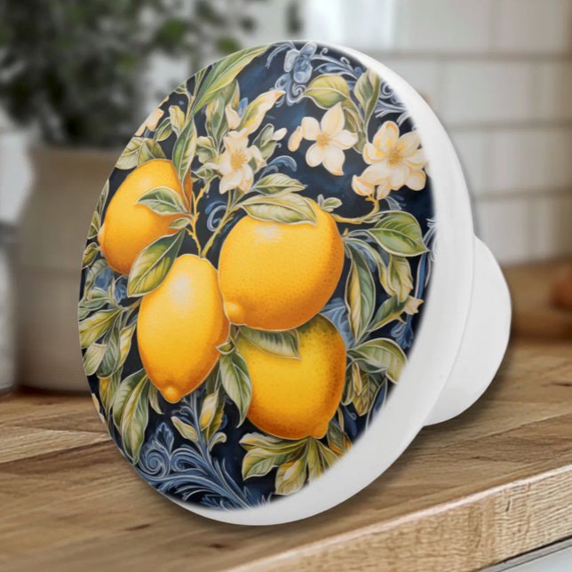 Ornate Citroner - Marinblå Keramisk Knapp Knopp (Ornate Mediterranean Lemons on Navy - Italian Style Ceramic Knob)